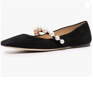 FOWT Black Square Toe Slip on Flats Pearl Studded Strap Pumps Wedding Shoes